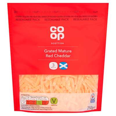 Co-op Scottish Grated Mature Red Cheddar 250g Co-op Scottish Grated Mature Red Cheddar 250g