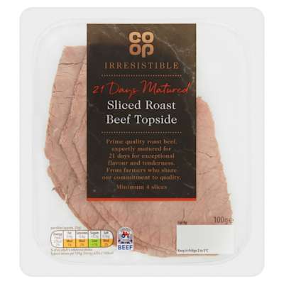 Co-op Irresistible 21 Days Matured Sliced Roast Beef Topside 100g Co-op Irresistible 21 Days Matured Sliced Roast Beef Topside 100g