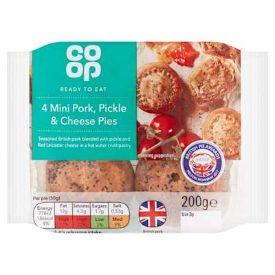 Co-op Mini Pork Pickle & Red Leicester Pies 200g Co-op Mini Pork Pickle & Red Leicester Pies 200g