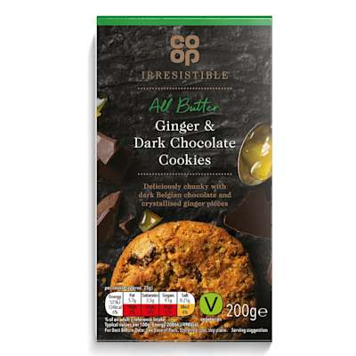 Co-op Irresistible Dark Chocolate and Ginger Cookies 200g Co-op Irresistible Dark Chocolate and Ginger Cookies 200g