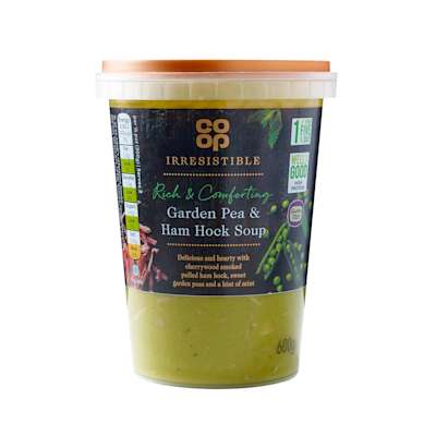 Co-op Irresistible Gluten Free Garden Pea & Shredded Ham Hock Soup 600g Co-op Irresistible Gluten Free Garden Pea & Shredded Ham Hock Soup 600g