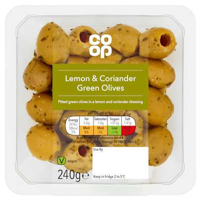 Co-op Lemon & Coriander Green Olives 240g Co-op Lemon & Coriander Green Olives 240g
