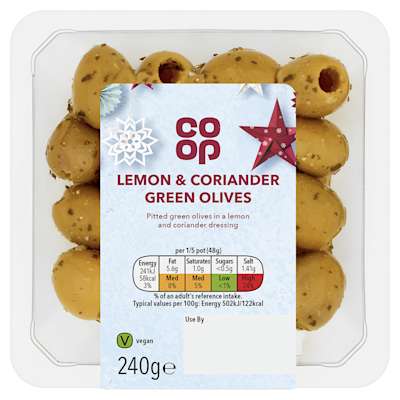Co-op Lemon & Coriander Green Olives 240g Co-op Lemon & Coriander Green Olives 240g