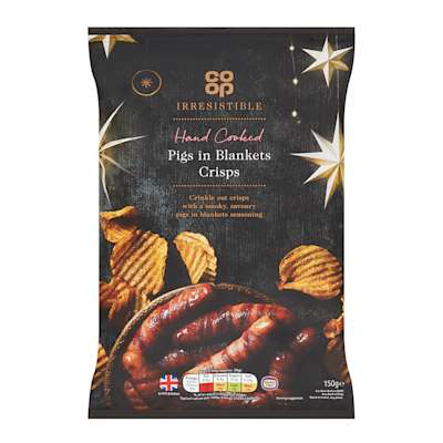 Co-op Irresistible Pigs in Blankets Hand Cooked Crisps 150g Co-op Irresistible Pigs in Blankets Hand Cooked Crisps 150g
