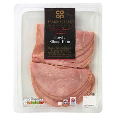 Co-op Irresistible Cherry Wood Smoked Finely Sliced Ham 200g Co-op Irresistible Cherry Wood Smoked Finely Sliced Ham 200g
