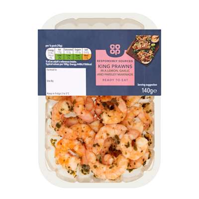 Co-op Responsibly Sourced King Prawn in Garlic Lemon & Parsley Marinade 140g Co-op Responsibly Sourced King Prawn in Garlic Lemon & Parsley Marinade 140g