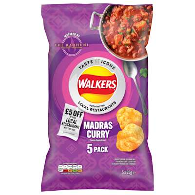 Walkers Madras Curry Crisps 5x25g Walkers Madras Curry Crisps 5x25g
