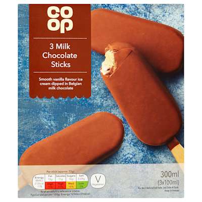 Co-op Milk Choc Sticks 3x100ml Co-op Milk Choc Sticks 3x100ml