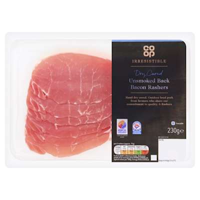 Co-op Irresistible Traditional Dry Cured Unsmoked Back Bacon 6 Rashers 230g Co-op Irresistible Traditional Dry Cured Unsmoked Back Bacon 6 Rashers 230g