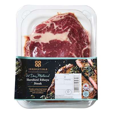 Co-op Irresistible 28 Day Matured Hereford Ribeye Steak 227g Co-op Irresistible 28 Day Matured Hereford Ribeye Steak 227g