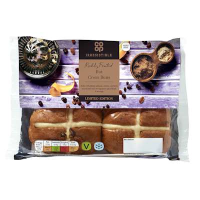 Co-op Irresistible Limited Edition Richly Fruited Luxury Hot Cross Buns 4 Pack Co-op Irresistible Limited Edition Richly Fruited Luxury Hot Cross Buns 4 Pack