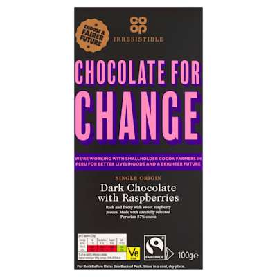 Co-op Irresistible Fairtrade Dark Chocolate 57% Raspberry 100g Co-op Irresistible Fairtrade Dark Chocolate 57% Raspberry 100g