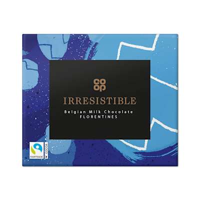 Co-op Irresistible Fairtrade Belgian Milk Chocolate Florentines 105g Co-op Irresistible Fairtrade Belgian Milk Chocolate Florentines 105g