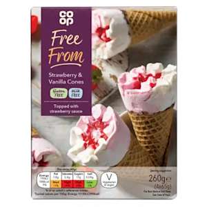 Co-op Free From Strawberry & Vanilla Cones 4x65g (260g) - Gluten and Milk Free Co-op Free From Strawberry & Vanilla Cones 4x65g (260g) - Gluten and Milk Free