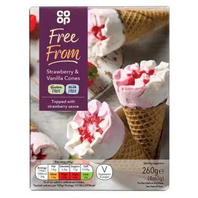 Co-op Free From Strawberry & Vanilla Cones 4x65g (260g) - Gluten and Milk Free Co-op Free From Strawberry & Vanilla Cones 4x65g (260g) - Gluten and Milk Free