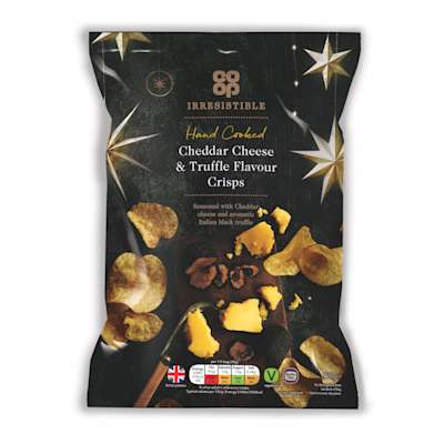 Co-op Irresistible Cheddar Cheese & Truffle Flavour Crisps 150g Co-op Irresistible Cheddar Cheese & Truffle Flavour Crisps 150g