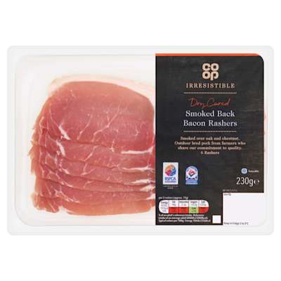 Co-op Irresistible British Dry Cured Smoked Bacon 230g Co-op Irresistible British Dry Cured Smoked Bacon 230g