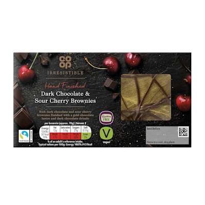 Co-op Irresistible Dark Chocolate & Sour Cherry Brownies 2 pack Co-op Irresistible Dark Chocolate & Sour Cherry Brownies 2 pack