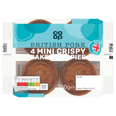 Co-op 4 Mini Crispy Bake Pork Pies 200g Co-op 4 Mini Crispy Bake Pork Pies 200g