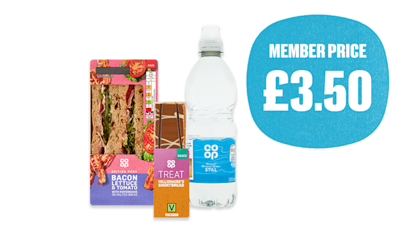 Lunch meal deal containing a sandwich, side and drink.