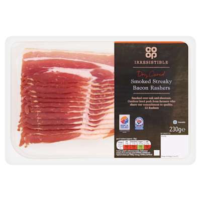 Co-op Irresistible Dry Cure Smoked Rindless Streaky Bacon 230g Co-op Irresistible Dry Cure Smoked Rindless Streaky Bacon 230g