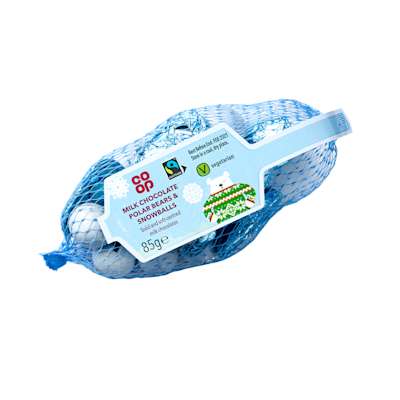 Co-op Net of Milk Chocolate Polar bears and Snowballs 85g Co-op Net of Milk Chocolate Polar bears and Snowballs 85g