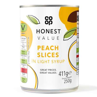 Co-op Honest Value Peach Slices in Light Syrup 411g Co-op Honest Value Peach Slices in Light Syrup 411g