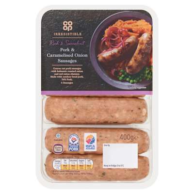 Co-op Irresistible Pork and Caramelised Onion Sausages 400g Co-op Irresistible Pork and Caramelised Onion Sausages 400g
