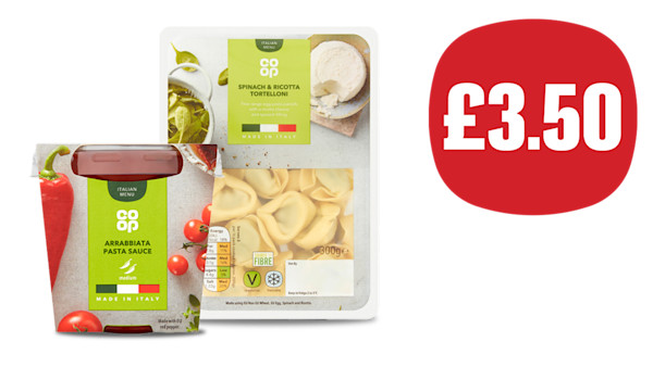 Co-op Fresh Arrabbiata Pasta Sauce and Co-op Fresh Spinach & Ricotta Tortelloni