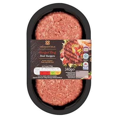 Co-op Irresistible Hereford Beef Burgers 2 pack 340g - Gluten Free Co-op Irresistible Hereford Beef Burgers 2 pack 340g - Gluten Free