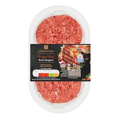 Co-op Irresistible Hereford Beef Burgers 2 Pack 340g Co-op Irresistible Hereford Beef Burgers 2 Pack 340g