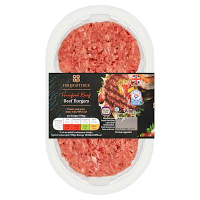 Co-op Irresistible Hereford Beef Burgers 2 pack 340g Co-op Irresistible Hereford Beef Burgers 2 pack 340g