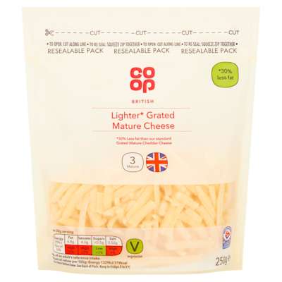 Co-op British Grated Lighter Mature Cheddar 250g Co-op British Grated Lighter Mature Cheddar 250g