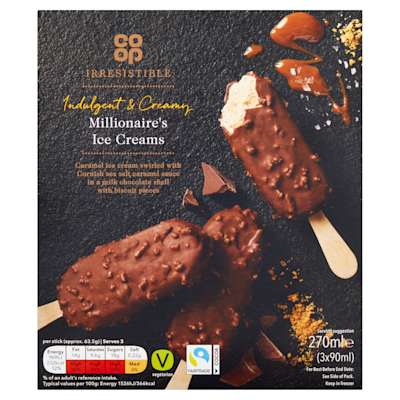 Co-op Irresistible Fairtrade Millionaire’s Ice Creams 3x90ml Co-op Irresistible Fairtrade Millionaire’s Ice Creams 3x90ml