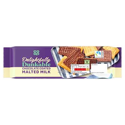 Co-op Milk Chocolate Malted Milk Biscuits 250g Co-op Milk Chocolate Malted Milk Biscuits 250g