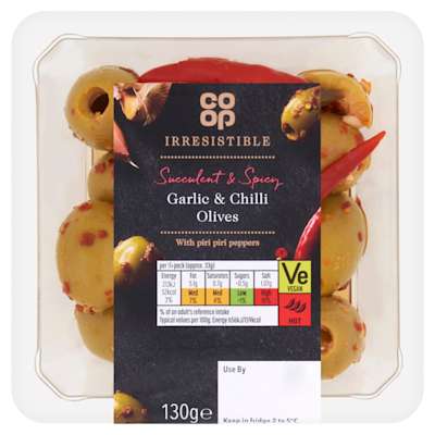 Co-op Irresistible Garlic & Chilli Olives 130g Co-op Irresistible Garlic & Chilli Olives 130g