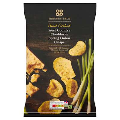 Co-op Irresistible Hand Cooked Cheddar & Spring Onion Crisps 150g Co-op Irresistible Hand Cooked Cheddar & Spring Onion Crisps 150g