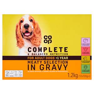 Co-op Meaty Selection in Gravy for Adult Dogs +1yr 12 x 100g Co-op Meaty Selection in Gravy for Adult Dogs +1yr 12 x 100g