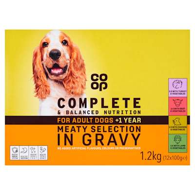 Co-op Meaty Selection in Gravy for Adult Dogs +1yr 12 x 100g Co-op Meaty Selection in Gravy for Adult Dogs +1yr 12 x 100g