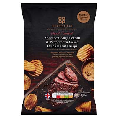 Co-op Irresistible Hand Cooked Aberdeen Angus Steak & Peppercorn Sauce Crinkle Cut Crisps 150g Co-op Irresistible Hand Cooked Aberdeen Angus Steak & Peppercorn Sauce Crinkle Cut Crisps 150g