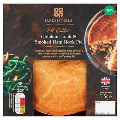 Co-op Irresistible All Butter Chicken Leek & Smoked Ham Hock Pie 515g Co-op Irresistible All Butter Chicken Leek & Smoked Ham Hock Pie 515g