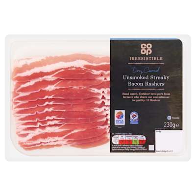 Co-op Irresistible Air Dry Cured Unsmoked Streaky Bacon 12 Rashers 230g Co-op Irresistible Air Dry Cured Unsmoked Streaky Bacon 12 Rashers 230g