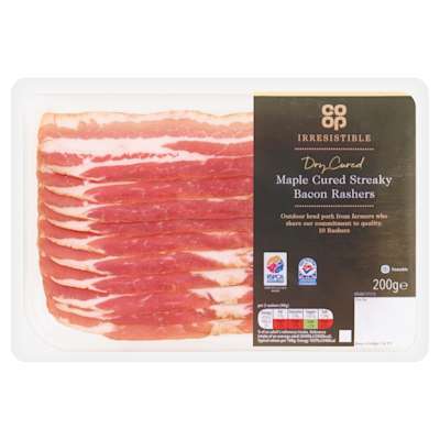 Co-op Irresistible Maple Cured Streaky Bacon Rashers 200g Co-op Irresistible Maple Cured Streaky Bacon Rashers 200g