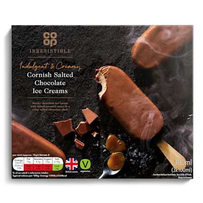 Co-op Irresistible Indulgent & Creamy Cornish Salted Chocolate Ice Creams 3x100ml (300ml) Co-op Irresistible Indulgent & Creamy Cornish Salted Chocolate Ice Creams 3x100ml (300ml)