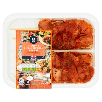 Co-op 4 Smoky Chilli Chicken Kebabs 300g Co-op 4 Smoky Chilli Chicken Kebabs 300g