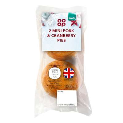 Co-op 2 Mini Pork & Cranberry Pork Pies 100g Co-op 2 Mini Pork & Cranberry Pork Pies 100g
