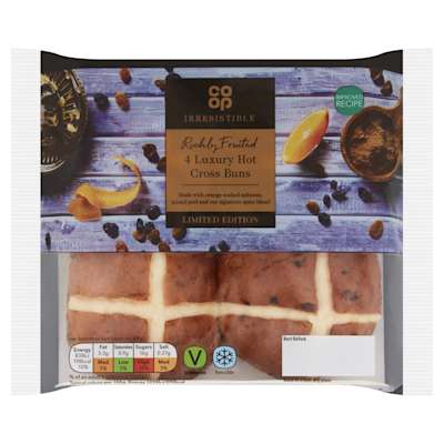 Co-op Irresistible Limited Edition Richly Fruited Luxury Hot Cross Buns 4 Pack Co-op Irresistible Limited Edition Richly Fruited Luxury Hot Cross Buns 4 Pack