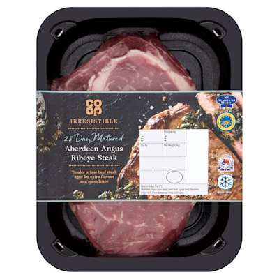 Co-op Irresistible 28 Day Matured Aberdeen Angus Ribeye Steak 227g Co-op Irresistible 28 Day Matured Aberdeen Angus Ribeye Steak 227g