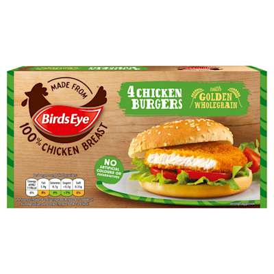Birds Eye 4 Chicken Burgers with Golden Wholegrain 200g Birds Eye 4 Chicken Burgers with Golden Wholegrain 200g