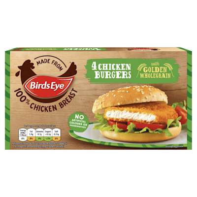Birds Eye 4 Chicken Burgers with Golden Wholegrain 200g Birds Eye 4 Chicken Burgers with Golden Wholegrain 200g